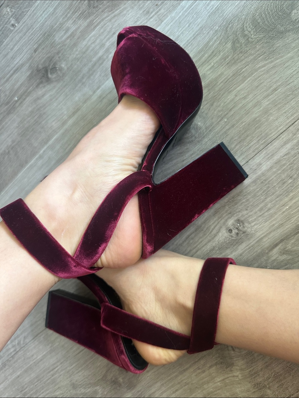 Saint Laurent Burgundy Velvet Crisscross Platform Heels